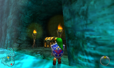 Lit torches and uncovered chest behind the waterfall in Zora's Domain